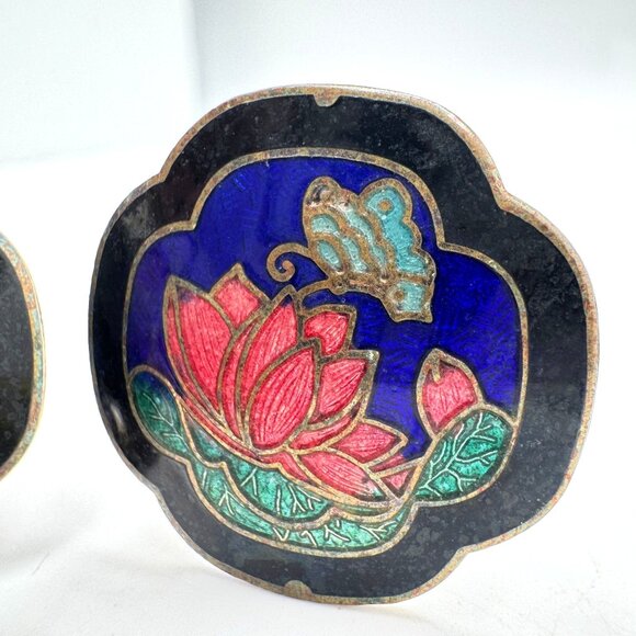 Cloisonne Enamel Earrings Lotus Flower & Butterfly Vintage Clip-On - Picture 3 of 9
